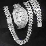 NNEOBA 3pcs Men's Watch Set Square Watch Cuban Chain Bracelet (Silver)