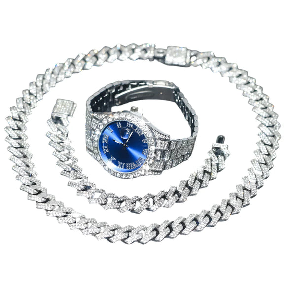 NNEOBA 3pcs Mens Silver Watch Cuban Chain Bracelet Set (Blue)