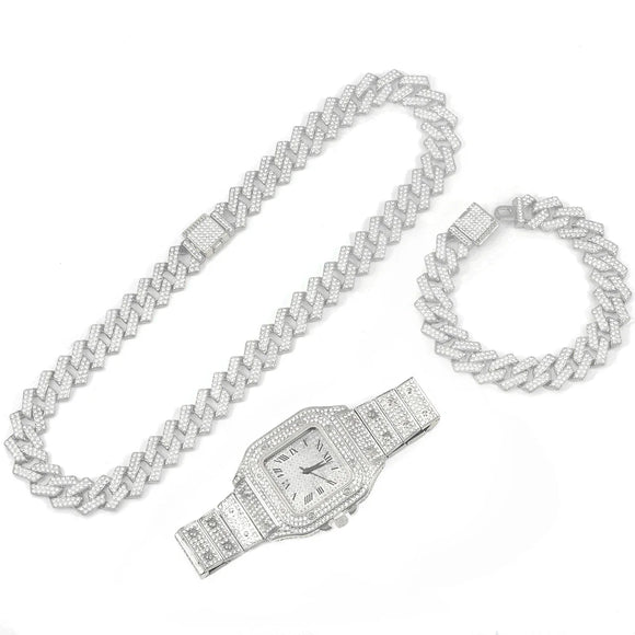 NNEOBA 3pcs Men's Watch Set Square Watch Cuban Chain Bracelet (Silver)