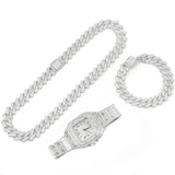 NNEOBA 3pcs Men's Watch Set Square Watch Cuban Chain Bracelet (Silver)