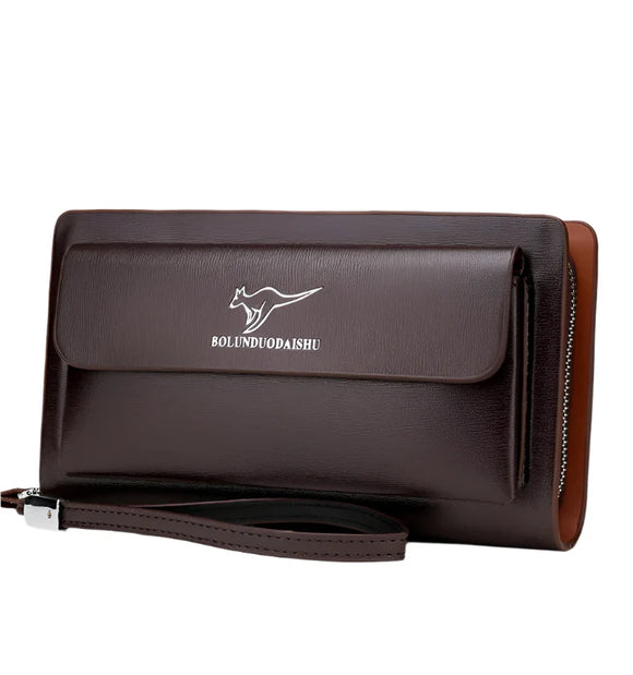 NNEOBA Men Leather Clutch Bag Double Zipper Business (Brown)