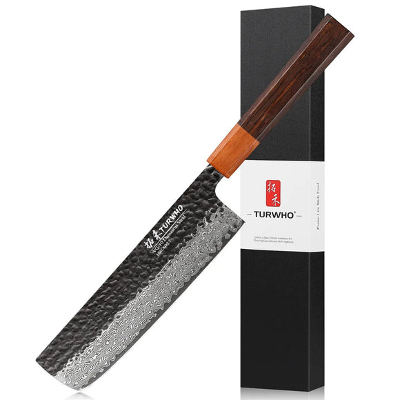 NNEOBA 7-Inch Hand-Forged Japanese Nakiri Knife 67-Layer Damascus Steel Brown