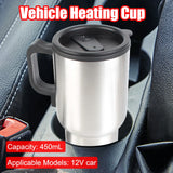 NNEOBA 12V Electric Heating Car Kettle 450mL Stainless Steel Thermal Mug Silver