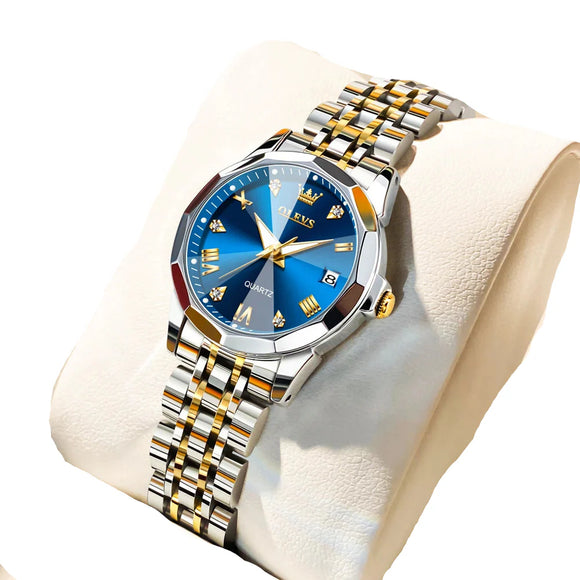 NNEOBA Womens Stainless Steel Quartz Watch Waterproof (Gold Blue)