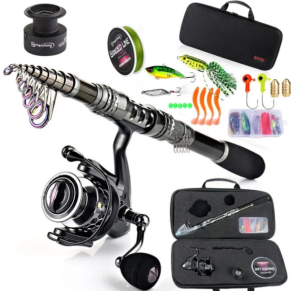 NNEOBA Telescopic Rod and Spinning Reel Carbon Fiber Travel Set Black