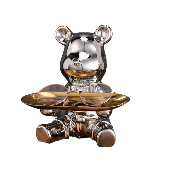 NNEOBA Sculpted Elegance: Silver-B Ceramic Electroplated Bear Doll Ornament