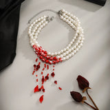 Layered Gothic Blood Pattern Imitation Pearl & Crystal Bead Tassel Necklace