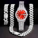 NNEOBA 3pcs Mens Silver Watch Cuban Chain Bracelet Set (Red)