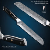 NNEOBA 8-Inch Damascus Steel Bread Knife Serrated VG10 Core Blade Black