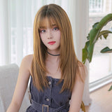 Sleek Long Hair Wig Set With Air Bangs - Honey Tea-1915198258502832132