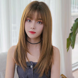 Sleek Long Hair Wig Set With Air Bangs - Honey Tea-1915198258502832133