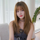 Sleek Long Hair Wig Set With Air Bangs - Honey Tea-1915198258502832134