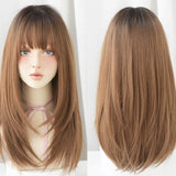 Sleek Long Hair Wig Set With Air Bangs - Honey Tea-1915198258502832135
