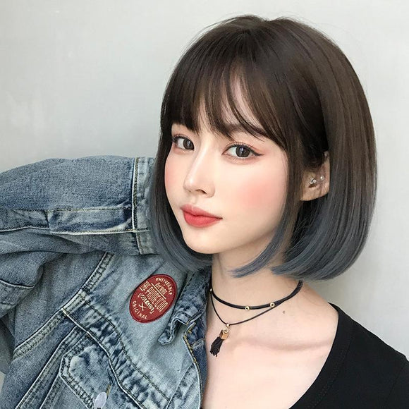 Natural Gradient Blue Short Bobo Student Wig-1915196906536046593