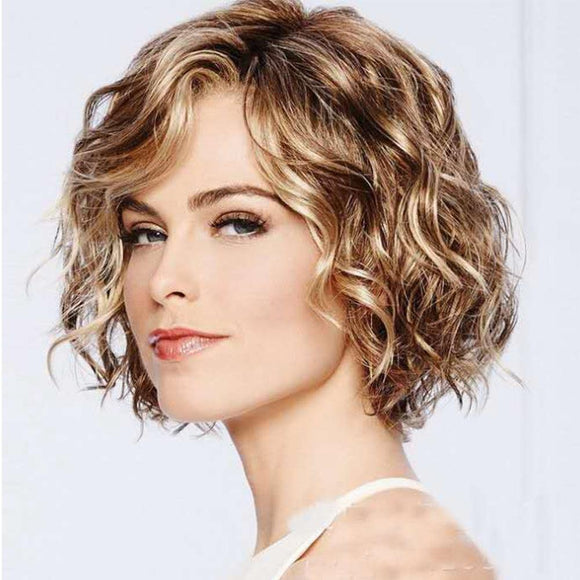 Women Short Curly Wig With Oblique Bangs - Natural Look-1922443394513244161