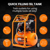 NNEMB 16L Silent Oil-Free Electric Air Compressor, 116PSI Portable with Wheels and Handle, Twin Nitto Outlets for Airtools, Tyre Inflation