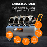 NNEMB 150L 4.5HP Ultra-Slient Oil-Free Electric Air Compressor, Long Life Quad Motor, 116PSI Portable Heavy Duty, Twin Nitto Outlets, 15A Plug