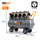 NNEMB 150L 4.5HP Ultra-Slient Oil-Free Electric Air Compressor, Long Life Quad Motor, 116PSI Portable Heavy Duty, Twin Nitto Outlets, 15A Plug