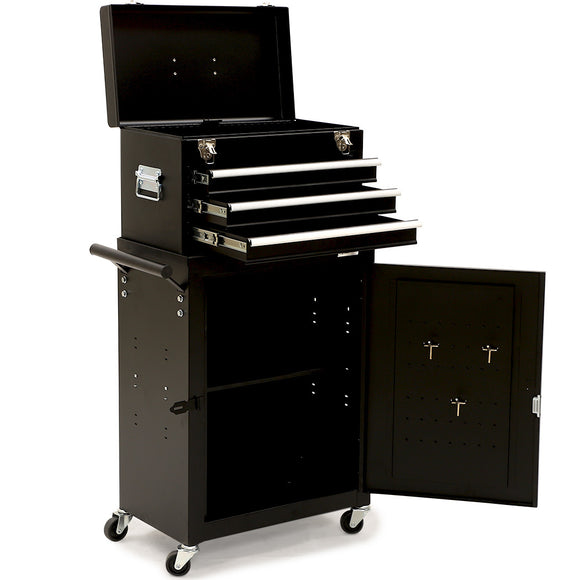 NNEMB 3 Drawer Tool Box Cabinet Trolley Storage, with 1-Door Toolbox Garage Organiser Set, Black