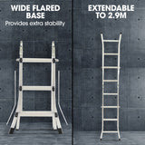 NNEMB 2.9m Folding Aluminium Multipurpose Ladder, w/ Workshelf Platform, Spring Assisted Rapid Safety Lock Adjusters