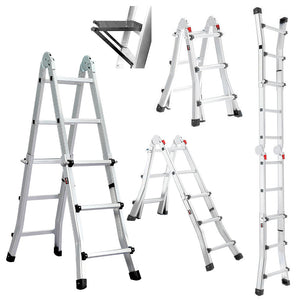 NNEMB 2.9m Folding Aluminium Multipurpose Ladder, w/ Workshelf Platform, Spring Assisted Rapid Safety Lock Adjusters
