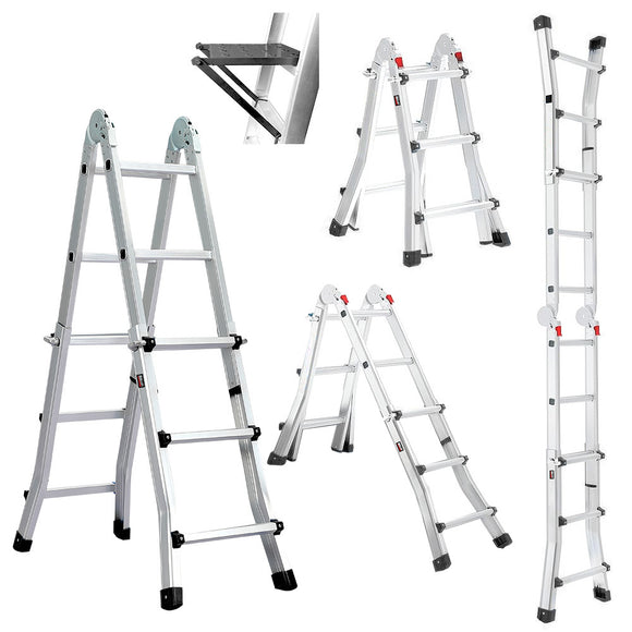 NNEMB 2.9m Folding Aluminium Multipurpose Ladder, w/ Workshelf Platform, Spring Assisted Rapid Safety Lock Adjusters