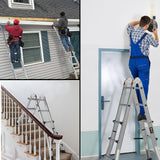 NNEMB 2.9m Folding Aluminium Multipurpose Ladder, w/ Workshelf Platform, Spring Assisted Rapid Safety Lock Adjusters