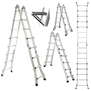 NNEMB 5.1m Folding Aluminium Multipurpose Ladder, w/ Workshelf Platform, Spring Assisted Rapid Safety Lock Adjusters