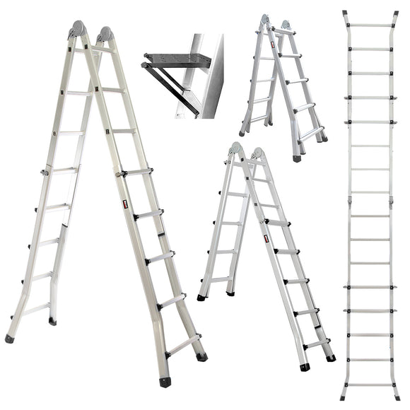 NNEMB 5.1m Folding Aluminium Multipurpose Ladder, w/ Workshelf Platform, Spring Assisted Rapid Safety Lock Adjusters