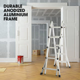 NNEMB 5.1m Folding Aluminium Multipurpose Ladder, w/ Workshelf Platform, Spring Assisted Rapid Safety Lock Adjusters