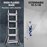 NNEMB 5.1m Folding Aluminium Multipurpose Ladder, w/ Workshelf Platform, Spring Assisted Rapid Safety Lock Adjusters
