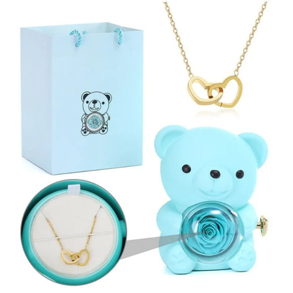 NNEOBA Teddy Bear Gift Box with Rose Jewelry Storage (Blue)