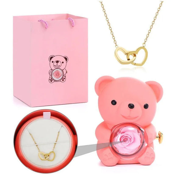 NNEOBA Teddy Bear Gift Box with Rose Jewelry Storage (Pink)