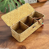NNEOBA Multi-Purpose Seagrass Storage Basket with Lid and Sections