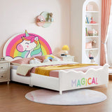 NNECW Twin Size Kids Wooden Upholstered Platform Bed with Astronaut/Unicorn/Cloud/Planet Pattern-Unicorn
