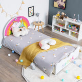 NNECW Twin Size Kids Wooden Upholstered Platform Bed with Astronaut/Unicorn/Cloud/Planet Pattern-Unicorn