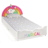 NNECW Twin Size Kids Wooden Upholstered Platform Bed with Astronaut/Unicorn/Cloud/Planet Pattern-Unicorn