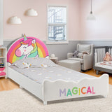 NNECW Twin Size Kids Wooden Upholstered Platform Bed with Astronaut/Unicorn/Cloud/Planet Pattern-Unicorn