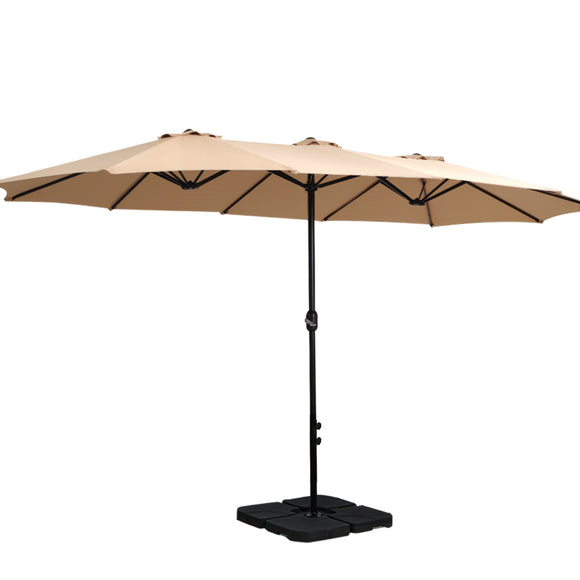 NNEDSZ 4.57m Outdoor Umbrella w/Base Stand Beach Pole Garden Tilt Beige