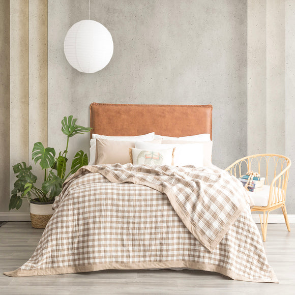 NNEDSZ Gingham Washed Cotton Yarn Dyed Revesible Textured Tan Blanket by Renee Taylor Single/Double