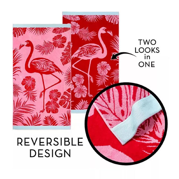 NNEDSZ Renee Taylor 2 Pack Jacquard Velour Large Beach Towel 100 x 180 cms Pink Flamingo