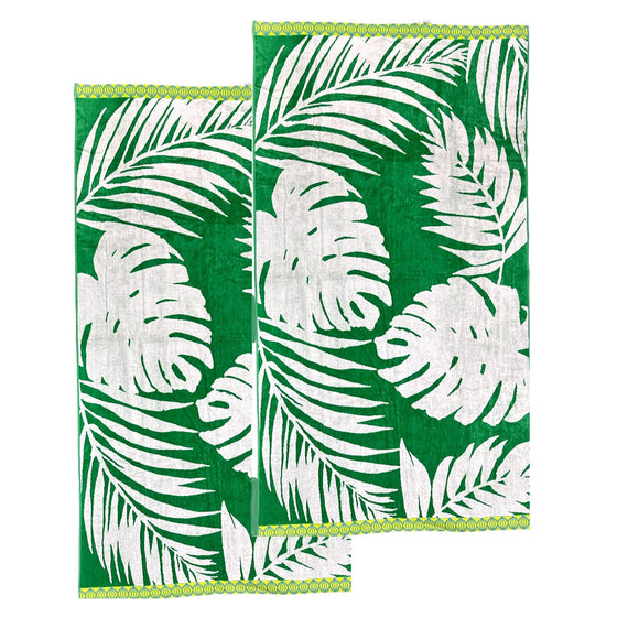 NNEDSZ Renee Taylor 2 Pack Jacquard Velour Large Beach Towel 100 x 180 cms Tropical Green