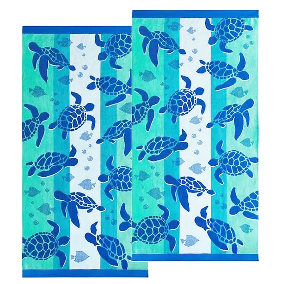 NNEDSZ Renee Taylor 2 Pack Jacquard Velour Kids Beach Towel 75 x 150 cms Sealife Turtles