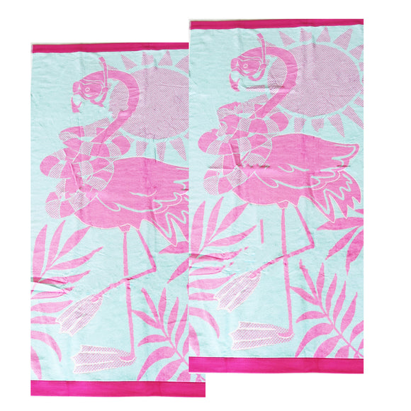 NNEDSZ Renee Taylor 2 Pack Jacquard Velour Kids Beach Towel 75 x 150 cms Tropical Flamingo