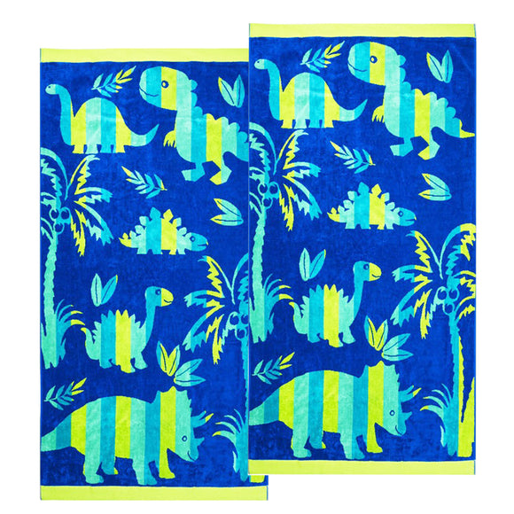 NNEDSZ Renee Taylor 2 Pack Jacquard Velour Kids Beach Towel 75 x 150 cms Dinosaur