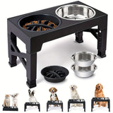 adjustable elevated pet feeder, raised pet feeder stand, slow feed dog bowl, anti-vomiting pet feeder, dual bowl dog feeder, ergonomic pet feeding stand, stainless steel pet bowl, elevated dog bowl stand, adjustable cat feeder, pet feeder with slow feed b