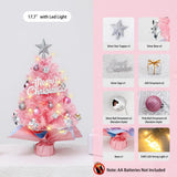 With LED String Light, Christmas Tree with Silver Star Topper, Tabletop Xmas Tree Ribbon Bow, Gift Pack, Ball Hanging Ornaments Decorated Paper Bag Base, Indoor Winter Holiday Table Decor - Pink - 17.7in