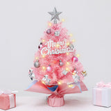 With LED String Light, Pink Christmas Tree with Silver Star Topper, Tabletop Xmas Tree Ribbon Bow, Gift Pack, Ball Hanging Ornaments Decorated Paper Bag Base, Indoor Winter Holiday Table Decor -Pink - 23.6in