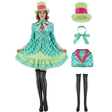Hatter Costume Women Mad Tea Party Halloween Cosplay Dress with Bowtie Top Hat Leggings Mardi Gras Parade Outfits - Green - Size L