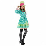 Hatter Costume Women Mad Tea Party Halloween Cosplay Dress with Bowtie Top Hat Leggings Mardi Gras Parade Outfits - Green - Size L